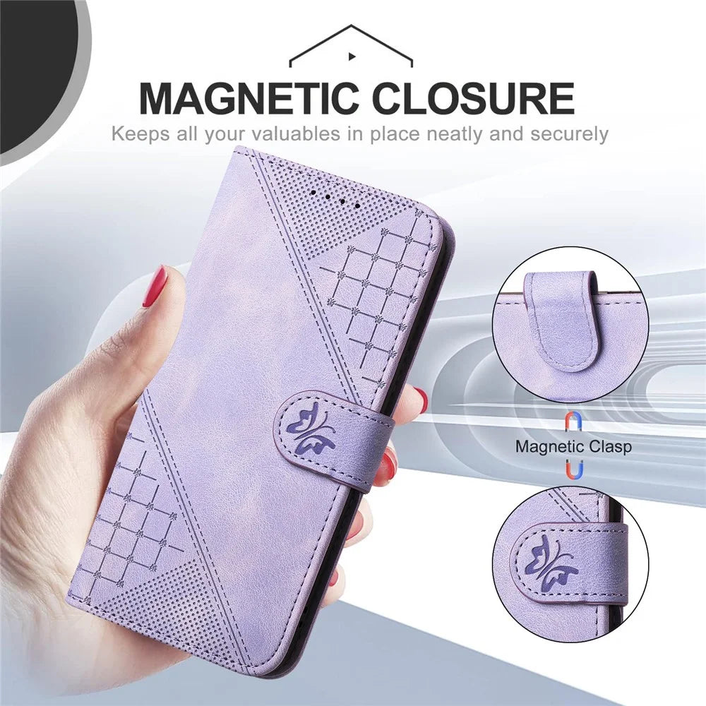 For iPhone 17e / 16e Leather Wallet Case Butterfly Flower Imprinted Phone Cover with Strap - Purple - 2