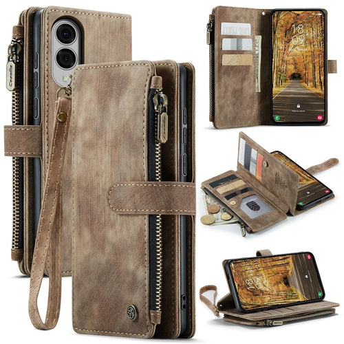 CASEME For Samsung Galaxy S25 Edge Phone Cases with Strap  C30 Zipper Multiple Card Holder PU Leather Cover - Brown - 1