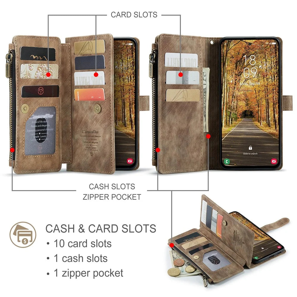 CASEME For Samsung Galaxy S25 Edge Phone Cases with Strap  C30 Zipper Multiple Card Holder PU Leather Cover - Brown - 3