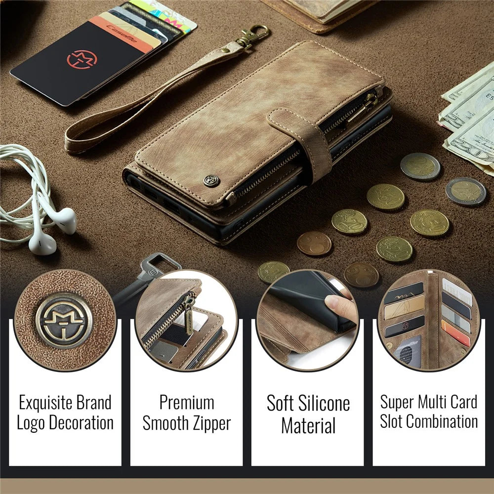 CASEME For Samsung Galaxy S25 Edge Phone Cases with Strap  C30 Zipper Multiple Card Holder PU Leather Cover - Brown - 5