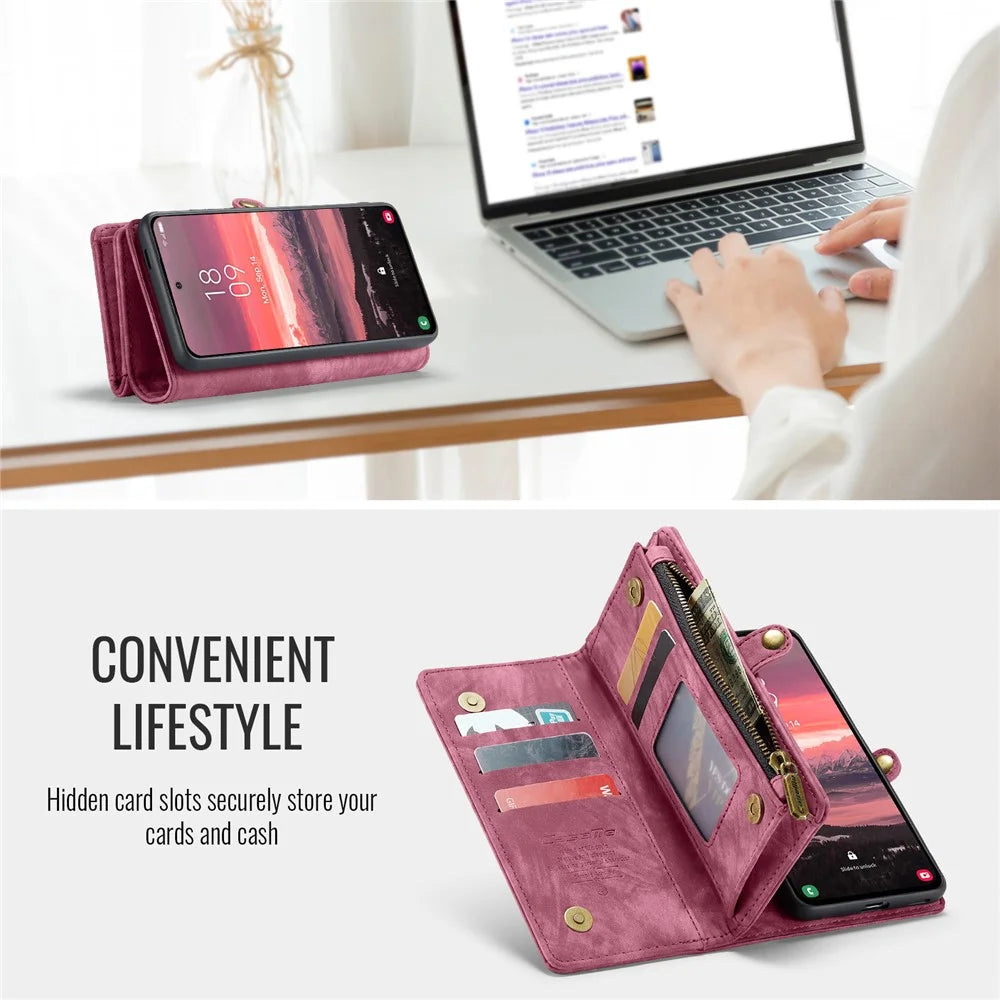 CASEME For Samsung Galaxy S25 Edge Phone Cases  008 Leather Cover with Detachable Wallet and Strap - Red - 4