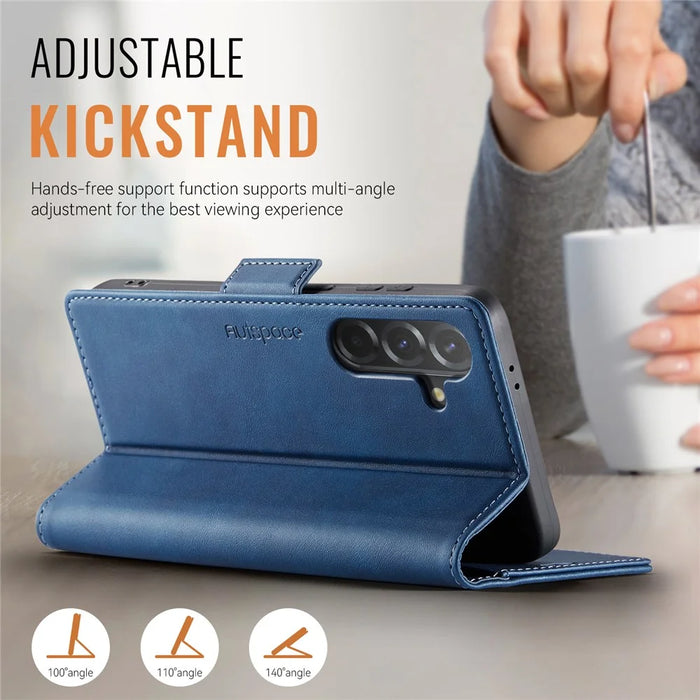 AUTSPACE For Samsung Galaxy A36 5G Case  A11 RFID Blocking Retro Leather Cell Phone Wallet Cover - Blue - 3