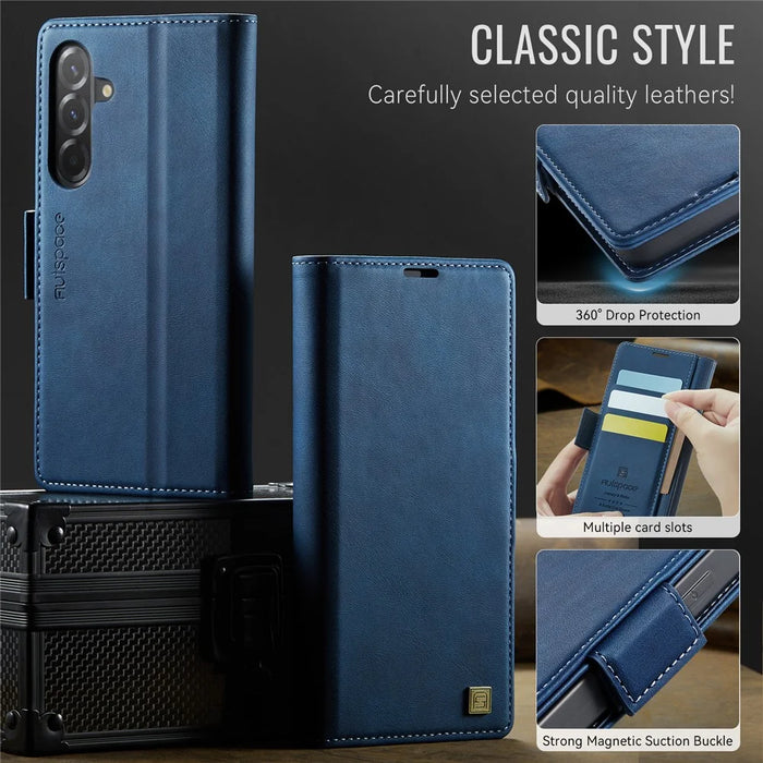 AUTSPACE For Samsung Galaxy A36 5G Case  A11 RFID Blocking Retro Leather Cell Phone Wallet Cover - Blue - 7