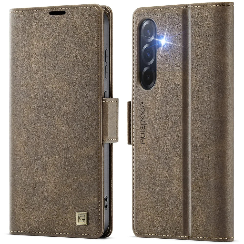 AUTSPACE For Samsung Galaxy A56 5G Case  A11 RFID Blocking Retro Leather Cell Phone Wallet Cover - Brown - 1