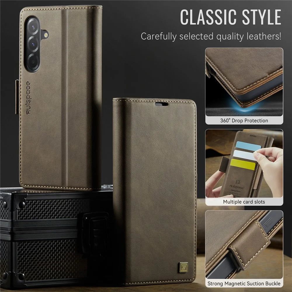 AUTSPACE For Samsung Galaxy A56 5G Case  A11 RFID Blocking Retro Leather Cell Phone Wallet Cover - Brown - 7