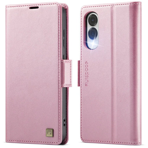 AUTSPACE For Samsung Galaxy S25 Edge Case  A11 RFID Blocking Retro Leather Cell Phone Wallet Cover - Pink - 1