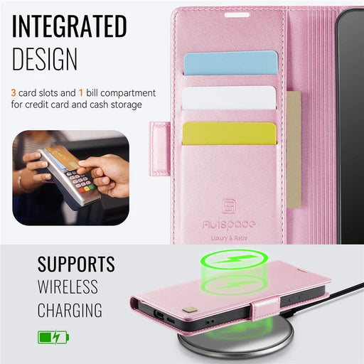AUTSPACE For Samsung Galaxy S25 Edge Case  A11 RFID Blocking Retro Leather Cell Phone Wallet Cover - Pink - 2