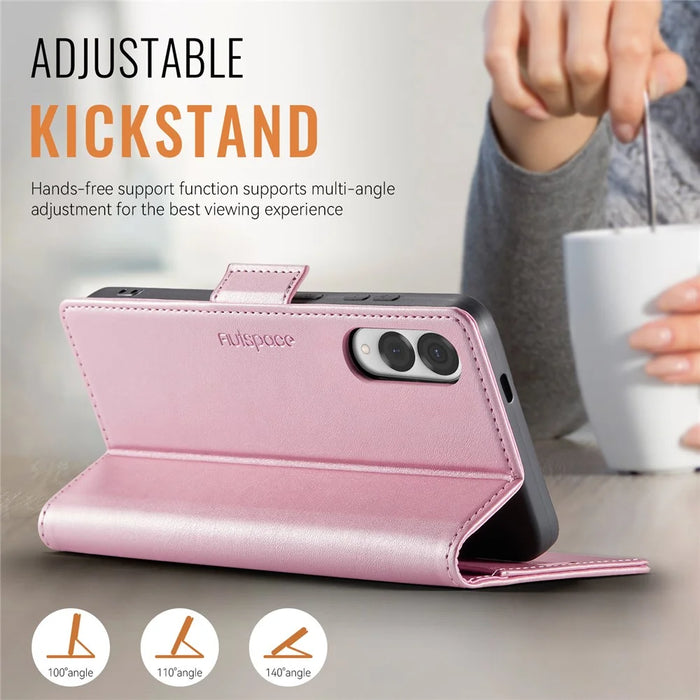 AUTSPACE For Samsung Galaxy S25 Edge Case  A11 RFID Blocking Retro Leather Cell Phone Wallet Cover - Pink - 3