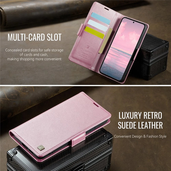 AUTSPACE For Samsung Galaxy S25 Edge Case  A11 RFID Blocking Retro Leather Cell Phone Wallet Cover - Pink - 4