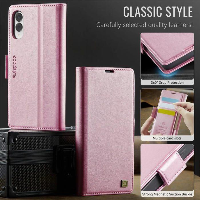 AUTSPACE For Samsung Galaxy S25 Edge Case  A11 RFID Blocking Retro Leather Cell Phone Wallet Cover - Pink - 7