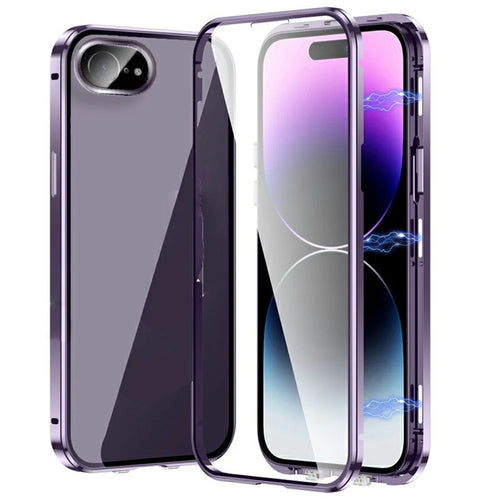 For iPhone 17e / 16e Case Magnetic Adsorption Double Sides Tempered Glass+Metal Phone Cover with Buckle - Purple - 1