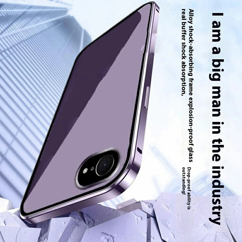 For iPhone 17e / 16e Case Magnetic Adsorption Double Sides Tempered Glass+Metal Phone Cover with Buckle - Purple - 4
