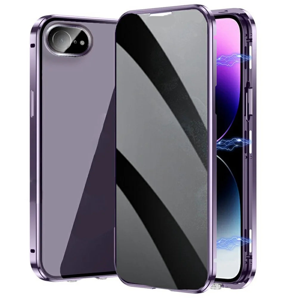For iPhone 17e / 16e Case Anti-Spy Double-Sided Tempered Glass+Magnetic Metal Frame Phone Cover - Purple - 1