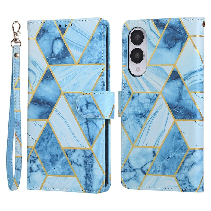 For Samsung Galaxy S25 Edge Case Lacquered Marble Pattern Leather Phone Cover - Blue - 1