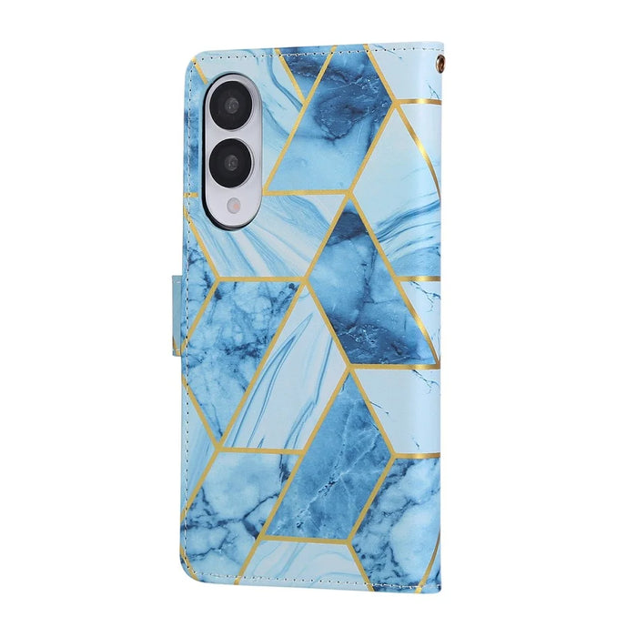 For Samsung Galaxy S25 Edge Case Lacquered Marble Pattern Leather Phone Cover - Blue - 7