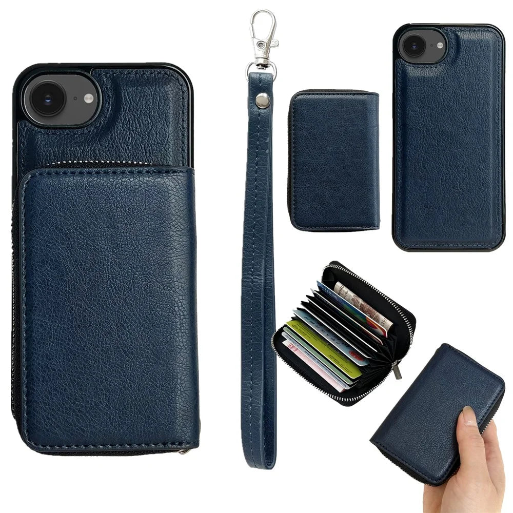 For iPhone 17e / 16e Case Detachable Zipper Card Bag PU TPU Kickstand Phone Case with Strap - Sapphire - 1
