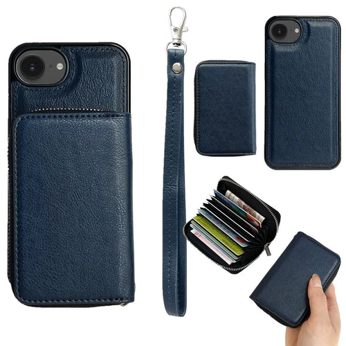 For iPhone 17e / 16e Case Detachable Zipper Card Bag PU TPU Kickstand Phone Case with Strap - Sapphire - 1