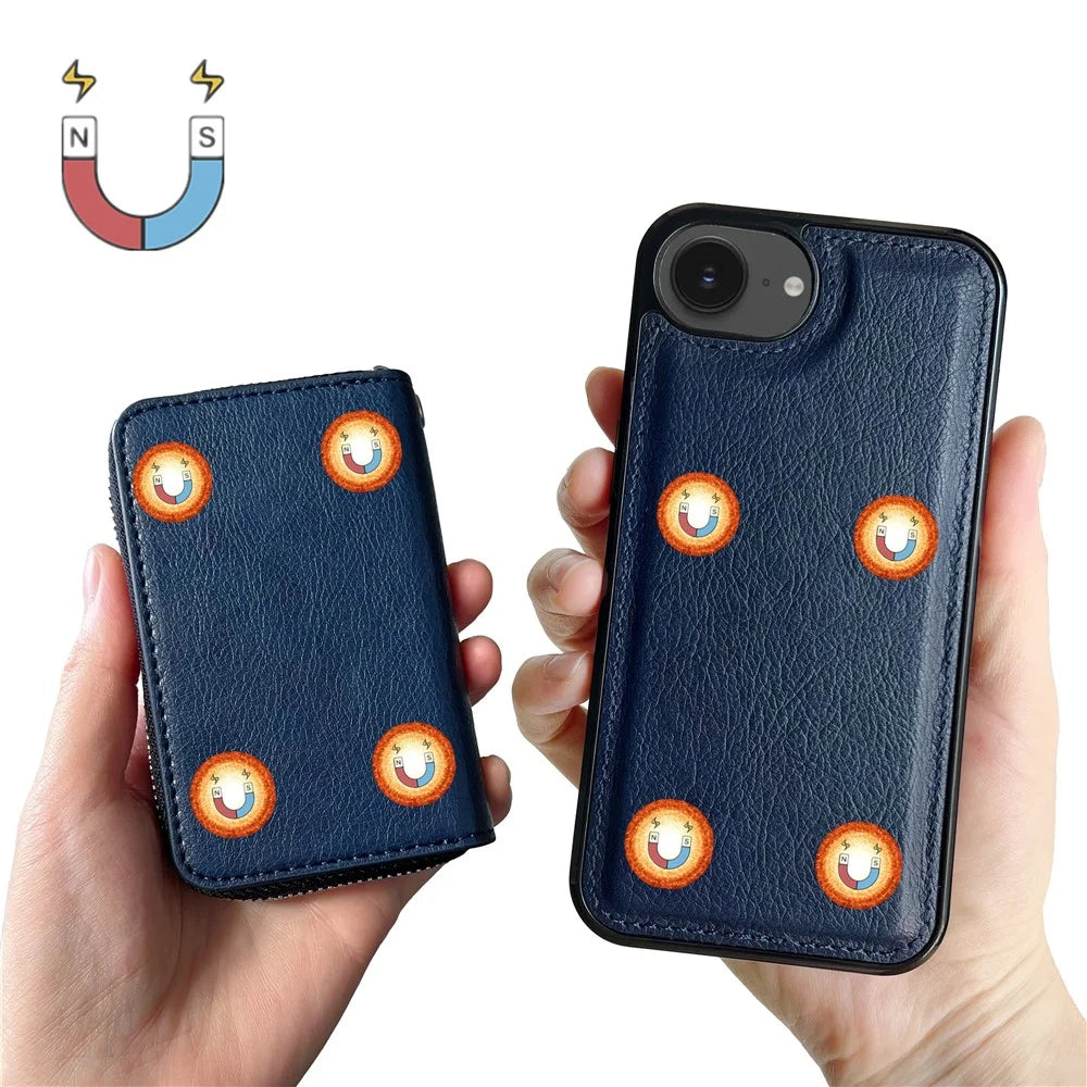 For iPhone 17e / 16e Case Detachable Zipper Card Bag PU TPU Kickstand Phone Case with Strap - Sapphire - 2