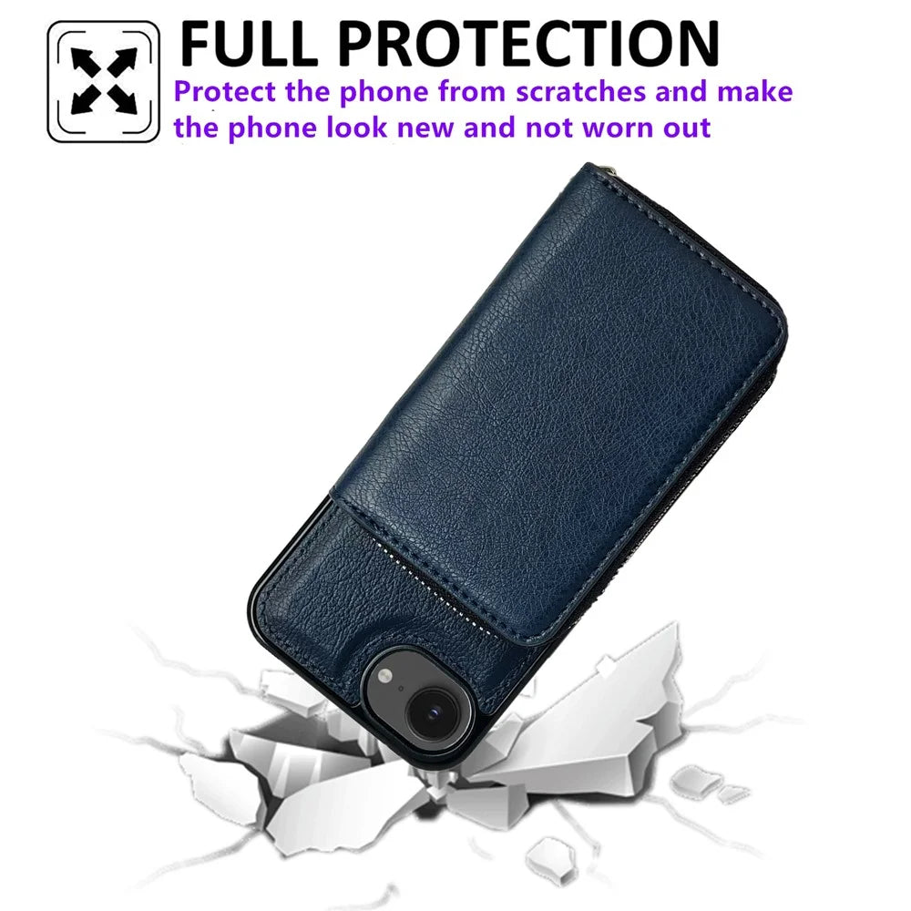 For iPhone 17e / 16e Case Detachable Zipper Card Bag PU TPU Kickstand Phone Case with Strap - Sapphire - 3