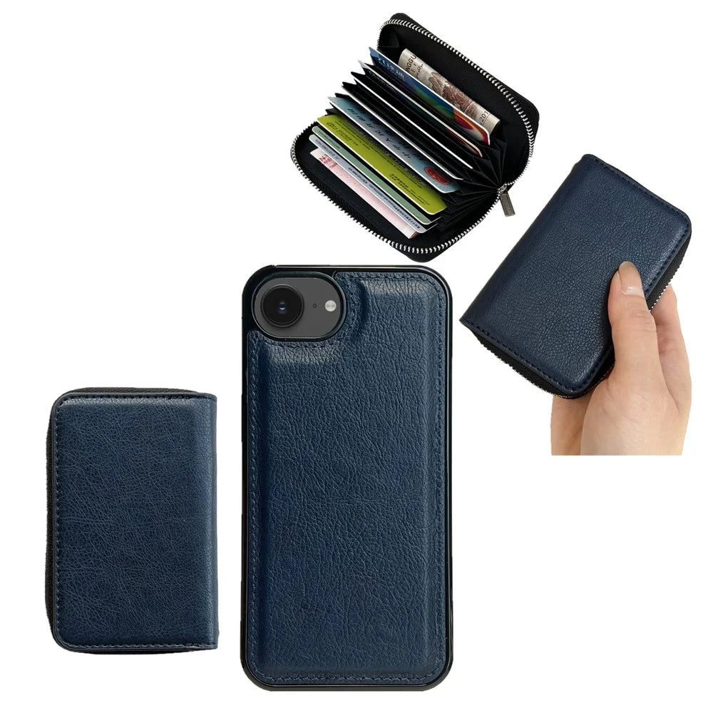 For iPhone 17e / 16e Case Detachable Zipper Card Bag PU TPU Kickstand Phone Case with Strap - Sapphire - 4