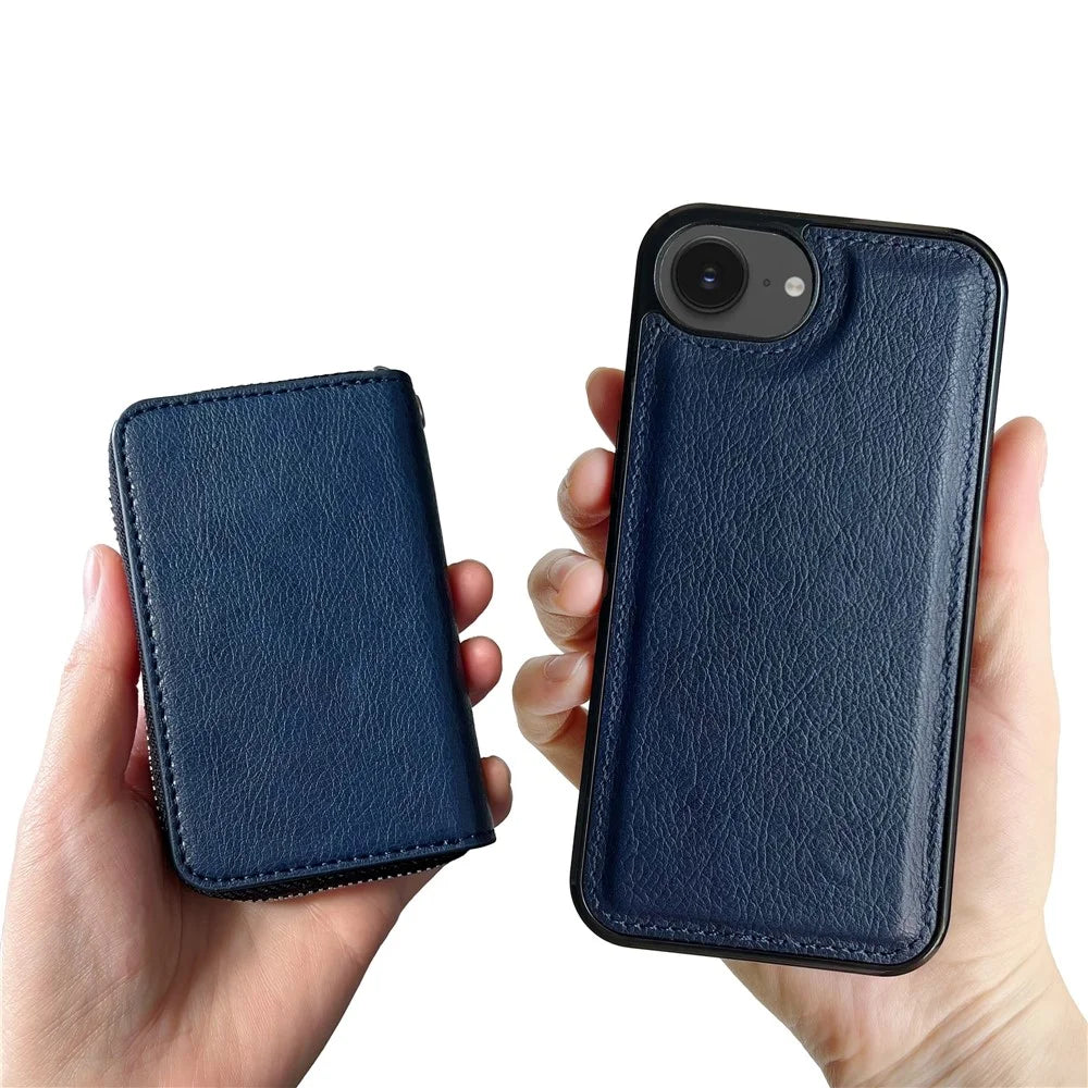 For iPhone 17e / 16e Case Detachable Zipper Card Bag PU TPU Kickstand Phone Case with Strap - Sapphire - 6