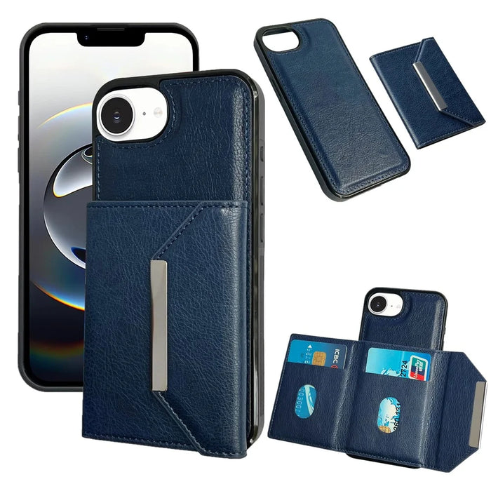 For iPhone 17e / 16e Case Card Bag Kickstand TPU + PU Phone Cover - Blue - 1