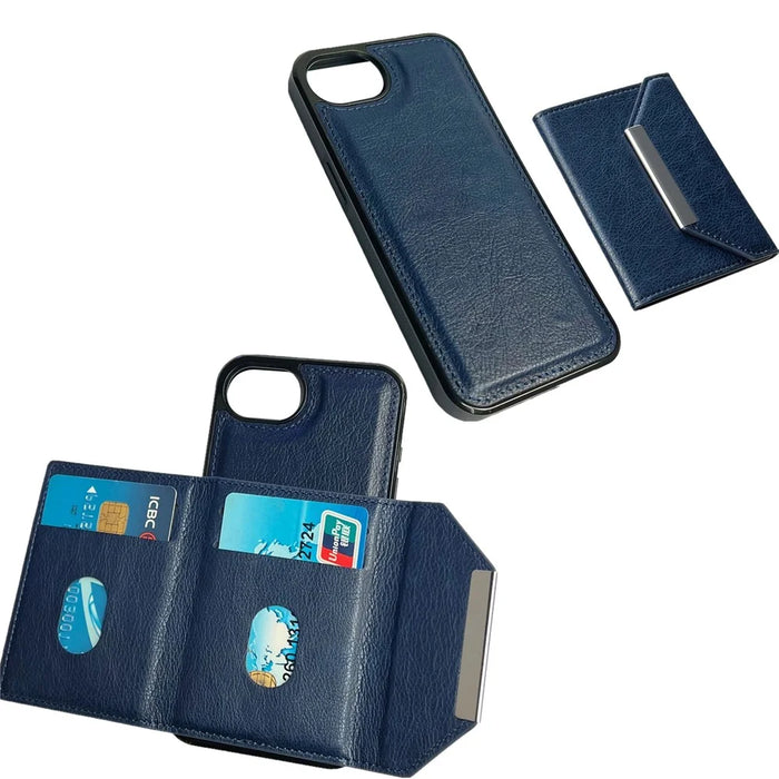For iPhone 17e / 16e Case Card Bag Kickstand TPU + PU Phone Cover - Blue - 4