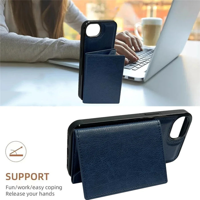 For iPhone 17e / 16e Case Card Bag Kickstand TPU + PU Phone Cover - Blue - 6