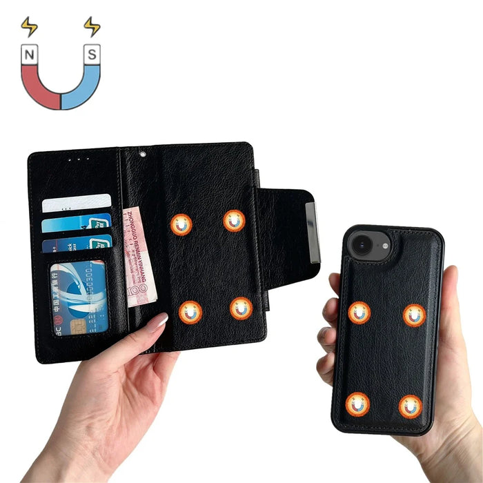 For iPhone 17e / 16e Case Detachable 2-in-1 Magnetic Closure PU Leather Wallet Phone Case - Black - 2