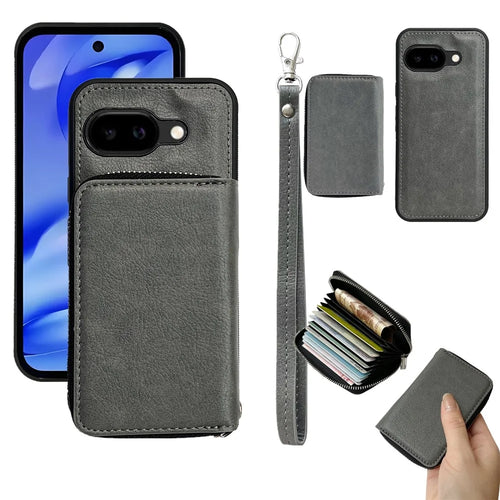For Google Pixel 9a Case Detachable Zipper Card Bag PU TPU Kickstand Phone Case with Strap - Grey - 1