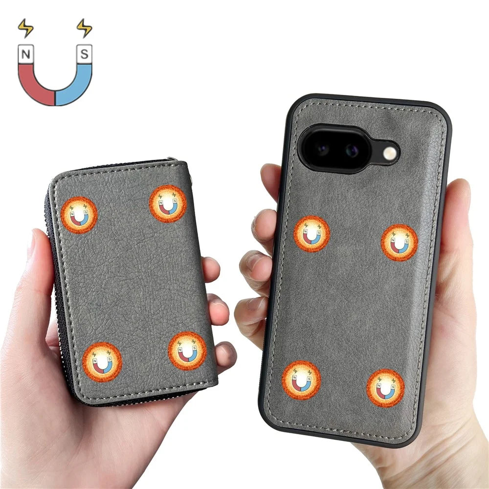 For Google Pixel 9a Case Detachable Zipper Card Bag PU TPU Kickstand Phone Case with Strap - Grey - 2