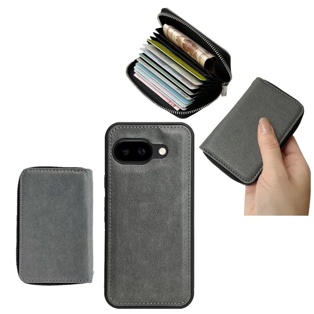 For Google Pixel 9a Case Detachable Zipper Card Bag PU TPU Kickstand Phone Case with Strap - Grey - 4
