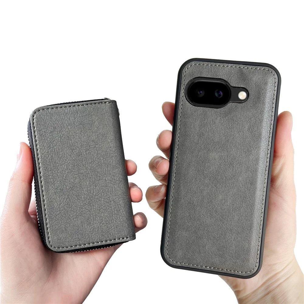 For Google Pixel 9a Case Detachable Zipper Card Bag PU TPU Kickstand Phone Case with Strap - Grey - 6