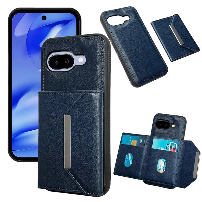 For Google Pixel 9a Case Card Bag Kickstand TPU + PU Phone Cover - Blue - 1