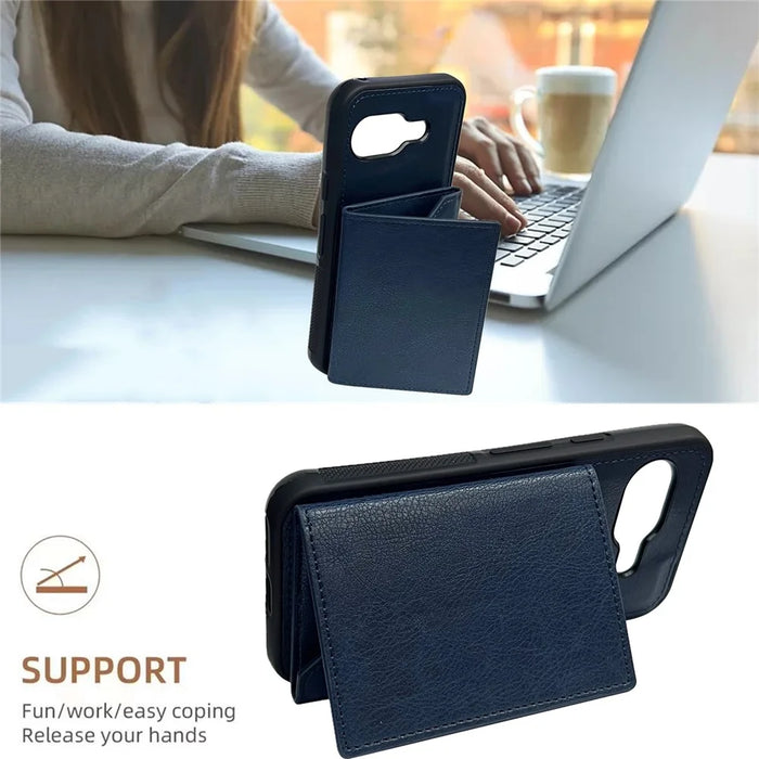 For Google Pixel 9a Case Card Bag Kickstand TPU + PU Phone Cover - Blue - 3