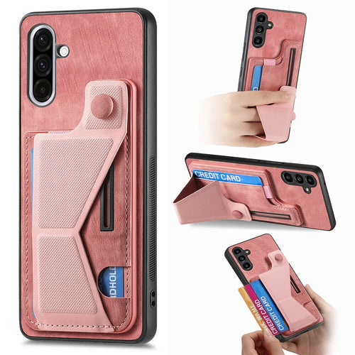 For Samsung Galaxy A56 5G Case with Card Slot Kickstand Retro Leather Back Cover - Pink - 1