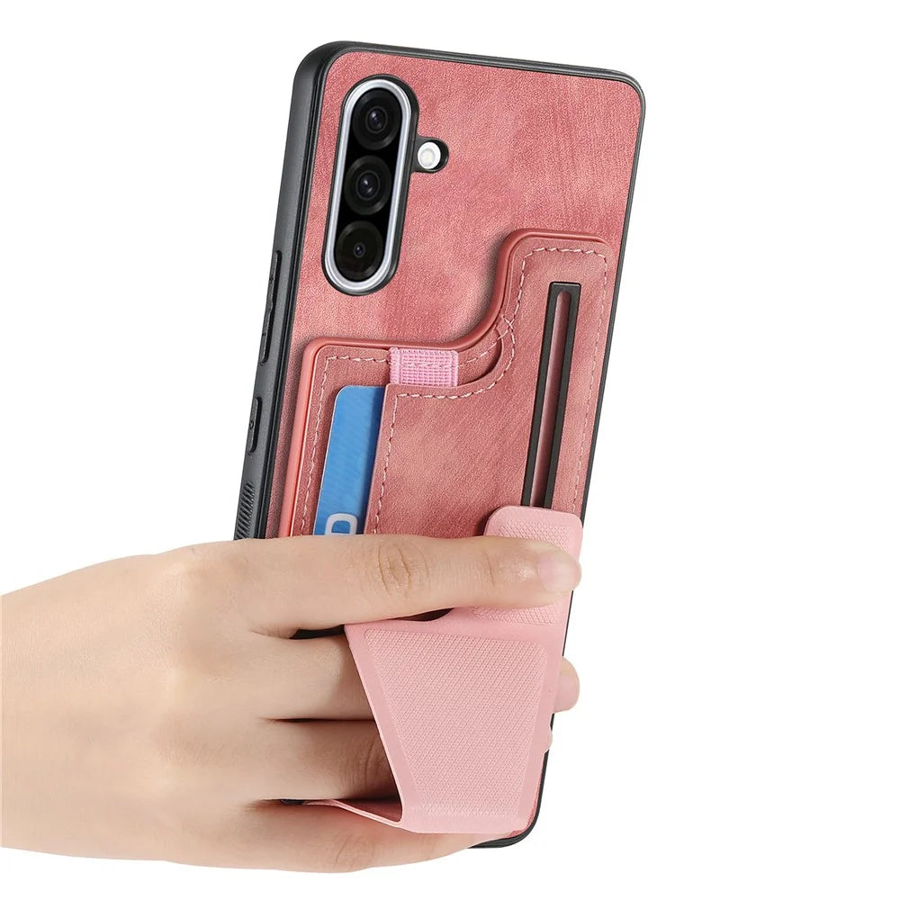 For Samsung Galaxy A56 5G Case with Card Slot Kickstand Retro Leather Back Cover - Pink - 3