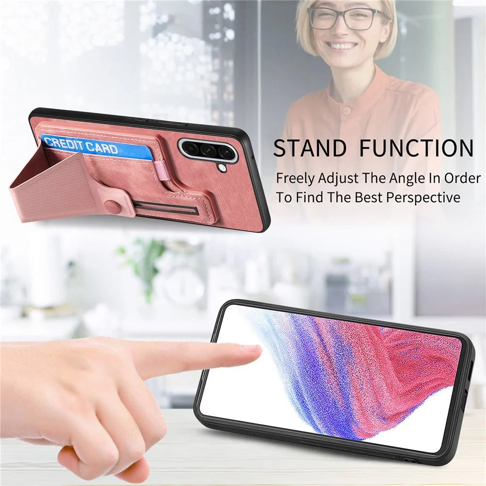 For Samsung Galaxy A56 5G Case with Card Slot Kickstand Retro Leather Back Cover - Pink - 4