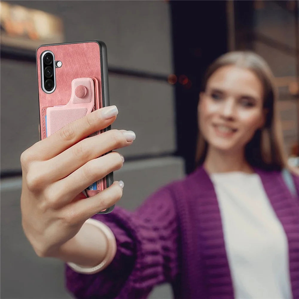 For Samsung Galaxy A56 5G Case with Card Slot Kickstand Retro Leather Back Cover - Pink - 5