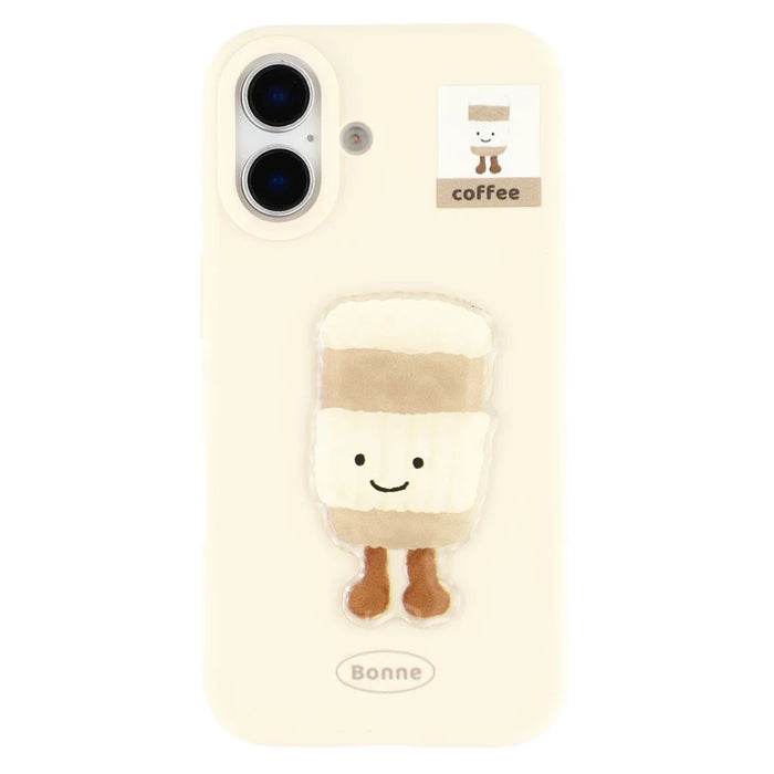 For iPhone 16 Case Pattern Printed 2.0mm TPU Phone Cover with 3D Accessories Decor - White + Coffee - 3