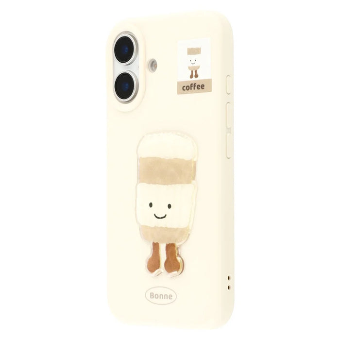 For iPhone 16 Case Pattern Printed 2.0mm TPU Phone Cover with 3D Accessories Decor - White + Coffee - 4