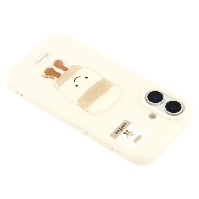 For iPhone 16 Case Pattern Printed 2.0mm TPU Phone Cover with 3D Accessories Decor - White + Coffee - 5
