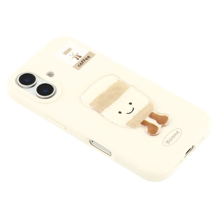 For iPhone 16 Case Pattern Printed 2.0mm TPU Phone Cover with 3D Accessories Decor - White + Coffee - 6