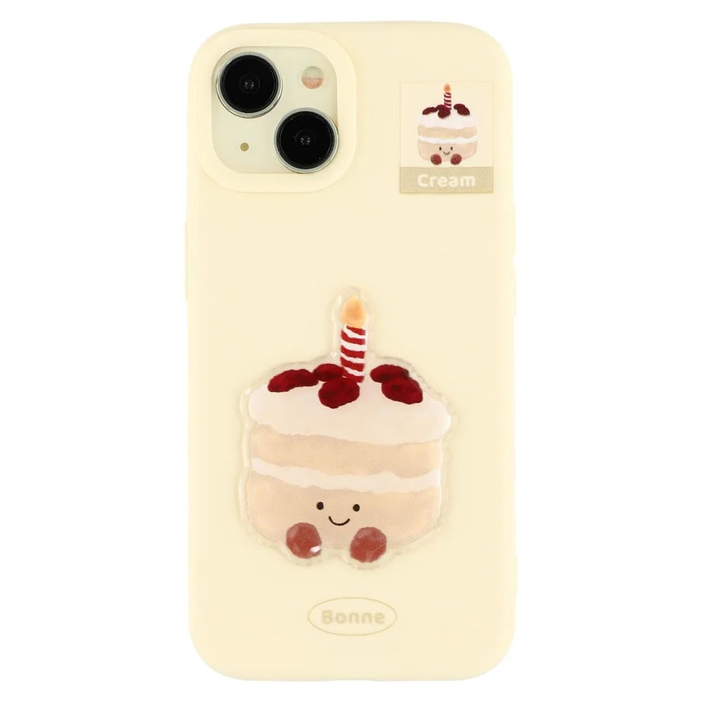 For iPhone 14 Case Pattern Printed 2.0mm TPU Phone Cover with 3D Accessories Decor - Yellow + Cake - 3