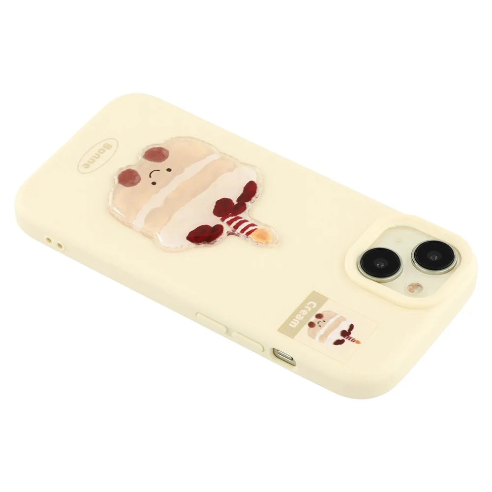 For iPhone 14 Case Pattern Printed 2.0mm TPU Phone Cover with 3D Accessories Decor - Yellow + Cake - 5