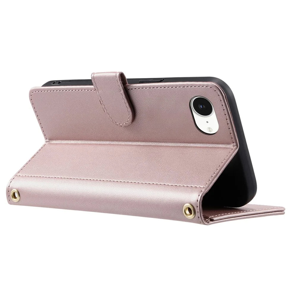 For iPhone 17e / 16e Wallet Case Rhombus Grid PU Leather Phone Cover - Rose Gold - 4