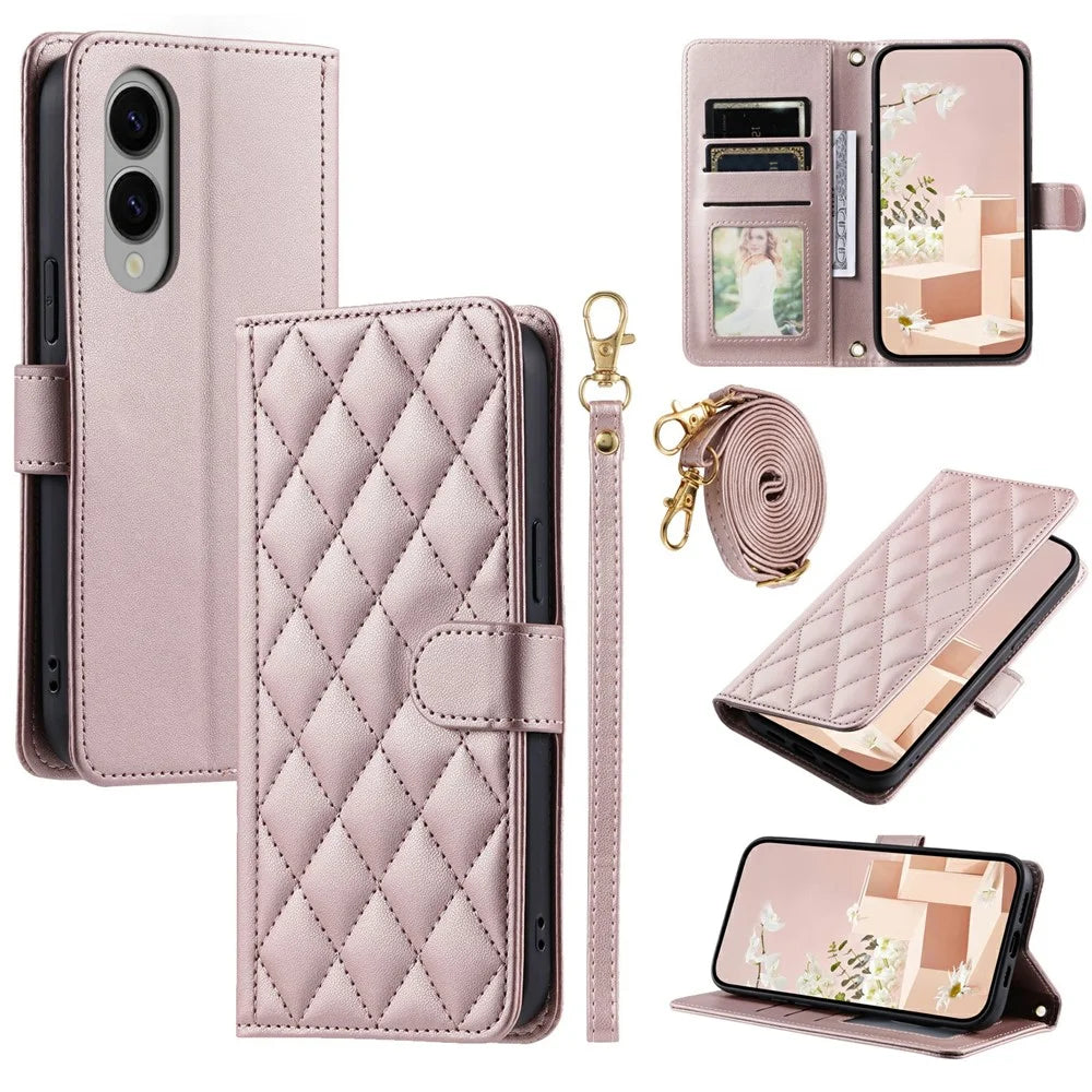 For Samsung Galaxy S25 Edge Wallet Case Rhombus Grid PU Leather Phone Cover - Rose Gold - 1