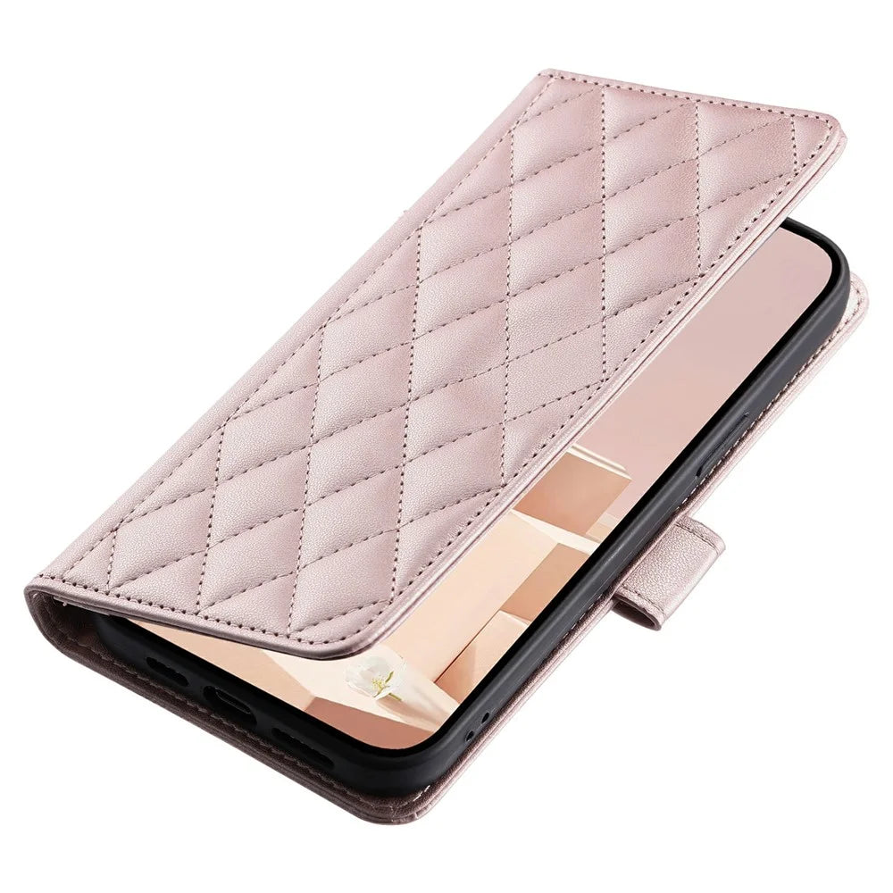 For Samsung Galaxy S25 Edge Wallet Case Rhombus Grid PU Leather Phone Cover - Rose Gold - 5