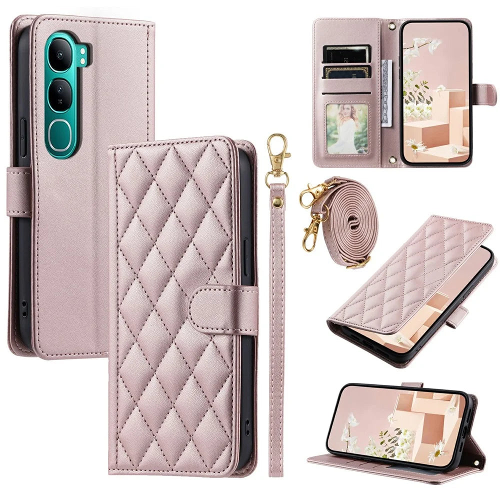 Wallet Case For vivo Y300 5G  /  Y300 (Indonesia) 5G  /   V40 Lite (Indonesia) 5G  /  4G Rhombus Grid PU Leather Phone Cover - Rose Gold - 1