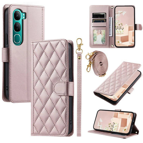 Wallet Case For vivo Y300 5G  /  Y300 (Indonesia) 5G  /   V40 Lite (Indonesia) 5G  /  4G Rhombus Grid PU Leather Phone Cover - Rose Gold - 1